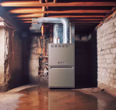 Techno Gas technician performing furnace repair in a Burnaby and Lower Mainland home.