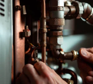 Techno Gas technician conducting furnace repair in a home in Burnaby and the Lower Mainland.